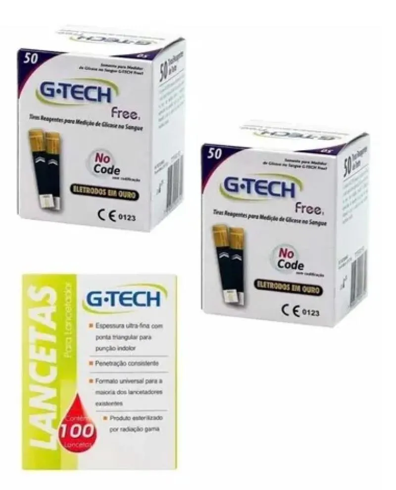 100 FITAS TIRAS REAGENTES G-TECH FREE GLICEMIA + 100 LANCETAS