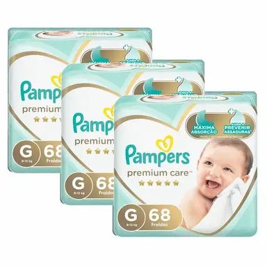 KIT FRALDA PAMPERS PREMIUM CARE JUMBO TAMANHO G COM 204 UNIDADES
