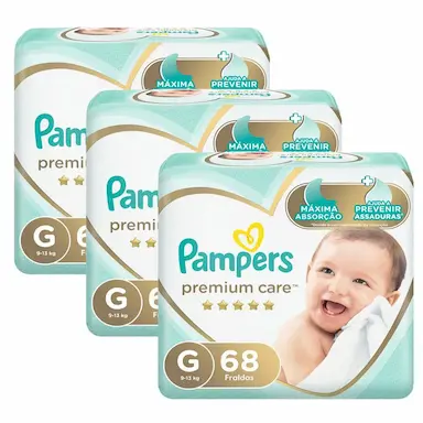 KIT FRALDA PAMPERS PREMIUM CARE JUMBO TAMANHO G COM 204 UNIDADES