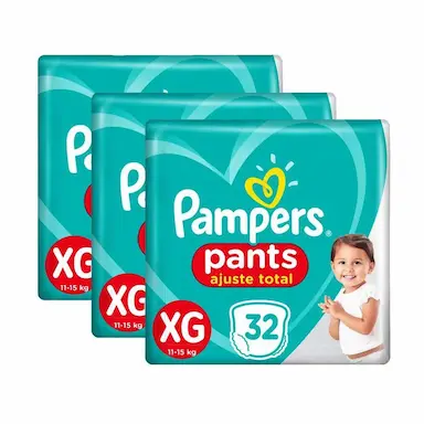 KIT 3 FRALDAS PAMPERS PANTS AJUSTE TOTAL MEGA TAMANHO XG 32 UNIDADES