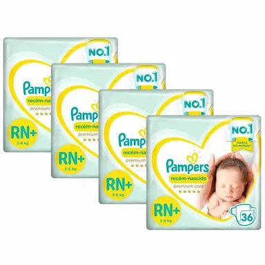 KIT FRALDA PAMPERS PREMIUM CARE RECéM NASCIDO PLUS COM 144 UNIDADES - 3 à 6 KG