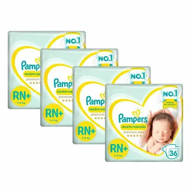 KIT FRALDA PAMPERS PREMIUM CARE RECéM NASCIDO PLUS COM 144 UNIDADES - 3 à 6KG