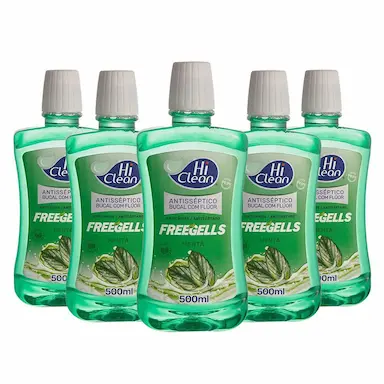 KIT 5 ANTISSéPTICO BUCAL HI CLEAN FREEGELLS MENTA COM FLúOR 500ML