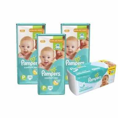 KIT FRALDA PAMPERS CONFORT SEC P COM 150 UNIDADES + LENçOS UMEDECIDOS CHEIRINHO DE BEBê COM 96 UNIDADES