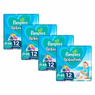 KIT 48 FRALDAS PAMPERS PARA ÁGUA SPLASHERS BABY SHARK P-M
