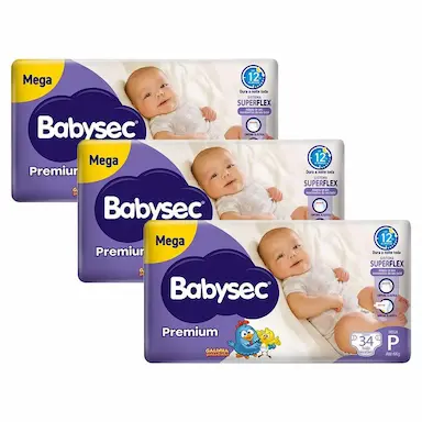 KIT 3 FRALDAS BABYSEC GALINHA PINTADINHA PREMIUM TAMANHO P 34 UNIDADES CADA