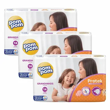 KIT 3 FRALDAS POM POM PROTEK JUMBO G COM 14UN CADA