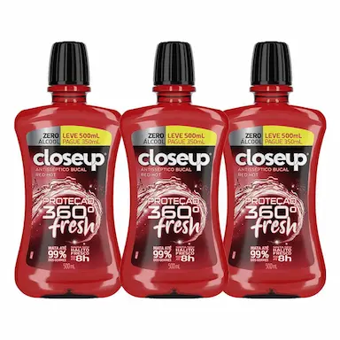 KIT COM 3 ENXAGUANTE BUCAL CLOSEUP RED HOT ZERO ÁLCOOL PROTEçãO 360° FRESH 500ML