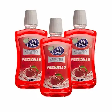 KIT 3 ANTISSéPTICO BUCAL HI CLEAN FREEGELLS CEREJA COM FLúOR 500ML