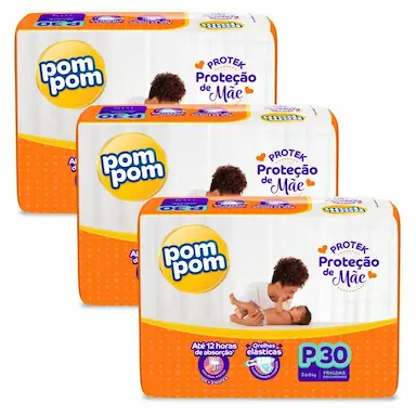 KIT 3 FRALDAS POM POM PROTEK PROTEçãO DE MãE JUMBO P COM 30UN CADA