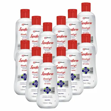 KIT 12 ÁLCOOL EM GEL LYSOFORM HIGIENIZADOR PARA AS MãOS NEUTRO 100ML