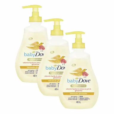 KIT COM 3 SABONETES LíQUIDOS BABY DOVE HIDRATAçãO GLICERINADA DA CABEçA AOS PéS 400ML