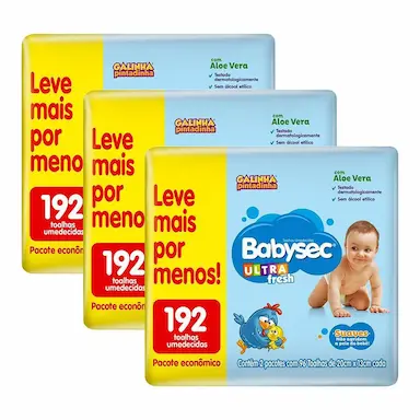 KIT 3 LENçOS UMEDECIDOS BABYSEC GALINHA PINTADINHA ULTRAFRESH 192 UNIDADES CADA