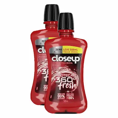 KIT 2 ENXAGUANTE BUCAL CLOSEUP RED HOT ZERO ÁLCOOL PROTEçãO 360° FRESH 500ML CADA