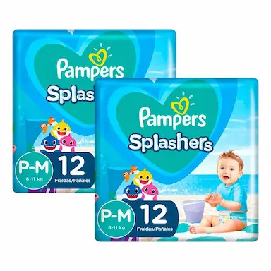 KIT 24 FRALDAS PAMPERS PARA ÁGUA SPLASHERS BABY SHARK P-M