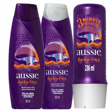 KIT AUSSIE BYE BYE FRIZZ: SHAMPOO 360ML + CONDICIONADOR 360ML + TRATAMENTO 3 MINUTE MIRACLE 236ML