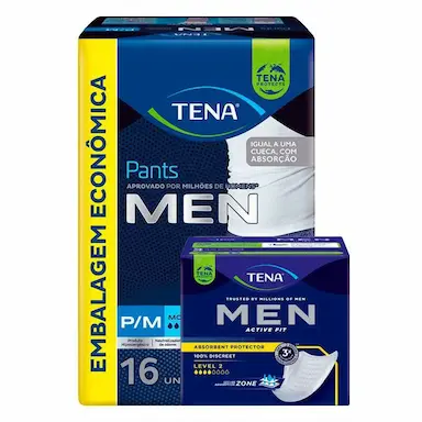 KIT ABSORVENTE PROTETOR MASCULINO TENA MEN ACTIVE FIT 10 UNIDADES + CUECA DESCARTáVEL TENA PANTS MEN P/M 16 UNIDADES