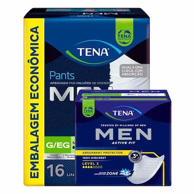 KIT ABSORVENTE PROTETOR MASCULINO TENA MEN ACTIVE FIT 10 UNIDADES + CUECA DESCARTáVEL TENA PANTS MEN G/EG 16 UNIDADES