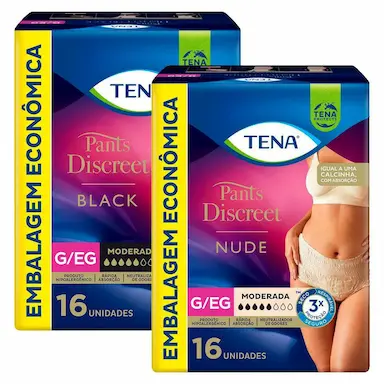 KIT CALCINHA DESCARTáVEL TENA PANTS DISCREET NUDE G/EG 16 UNIDADES + CALCINHA DESCARTáVEL TENA PANTS DISCREET PRETA G/EG 16 UNIDADES