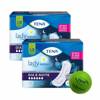 KIT 2 ABSORVENTES PARA INCONTINêNCIA URINáRIA TENA LADY DISCREET DIA E NOITE 12UN + BRINDE BOLINHA ANTI-STRESS LADY TENA