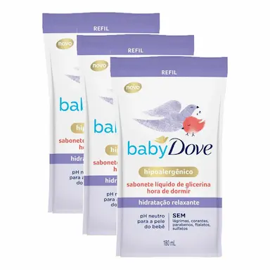KIT 3 SABONETES LíQUIDO DE GLICERINA BABY DOVE HIDRATAçãO RELAXANTE HORA DE DORMIR 180ML REFIL