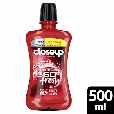 ENXAGUANTE BUCAL CLOSEUP RED HOT ZERO ÁLCOOL PROTEçãO 360° FRESH LEVE 500ML PAGUE 350ML