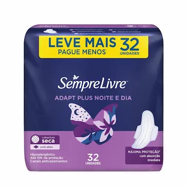 ABSORVENTE EXTERNO SEMPRE LIVRE ADAPT PLUS NOITE E DIA SECA COM ABAS LEVE MAIS PAGUE MENOS 32 UNIDADES