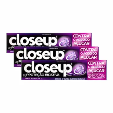 KIT COM 3 CREME DENTAL CLOSEUP PROTEçãO BIOATIVA CONTRA O ÁCIDO DO AçúCAR 70G