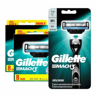 KIT GILLETTE COM 16 CARGAS MACH3 + 1 APARELHO DE BARBEAR GILLETTE MACH3