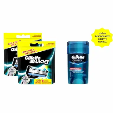 KIT COM 2 CARGAS GILLETTE MACH3 LEVE 8 PAGUE 6 GRáTIS DESODORANTE GILLETTE CLINICAL 45G