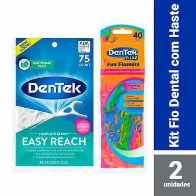 KIT DENTEK FIO DENTAL FLOSS PICKS CLEAN EASY REACH C/ 75 UN + FIO DENTAL KIDS FUN FLOSSERS C/ 40 UN