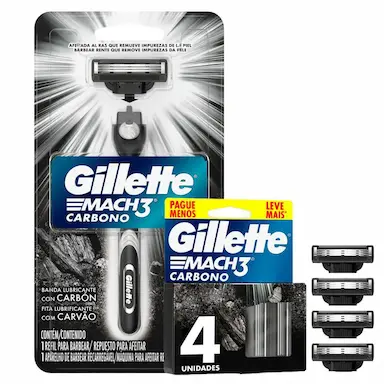 KIT APARELHO DE BARBEAR GILLETE MACH3 CARBONO + CARGA GILLETE MACH3 CARBONO 4 UNIDADES LEVE MAIS PAGUE MENOS