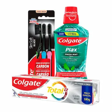 KIT 3 ESCOVAS COLGATE SLIM SOFT BLACK + CREME DENTAL CLEAN MINT 180G + ENXAGUANTE BUCAL FRESH MINT 500ML