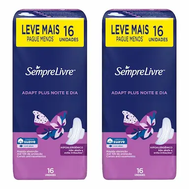 KIT 2 ABSORVENTES EXTERNO SEMPRE LIVRE ADAPT PLUS NOITE E DIA COM ABAS 16 UNIDADES