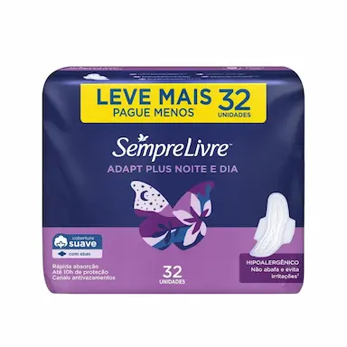 ABSORVENTE EXTERNO SEMPRE LIVRE ADAPT PLUS NOITE E DIA COBERTURA SECA COM ABAS 32 UNIDADES