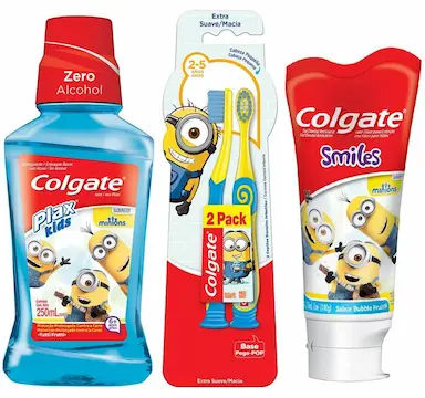 KIT COLGATE MINIONS: CREME DENTAL 100G + ESCOVA DENTAL 5 ANOS 2 UN + ENXAGUANTE BUCAL KIDS 250ML