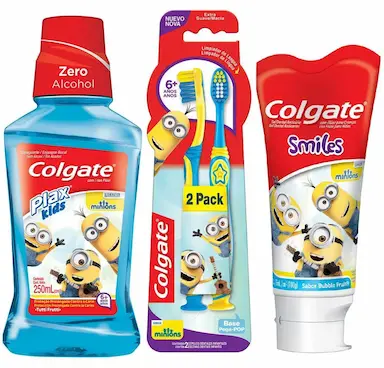 KIT COLGATE MINIONS:CREME DENTAL 100G +ESCOVA DENTAL +6 ANOS + ENXAGUANTE BUCAL KIDS 250ML