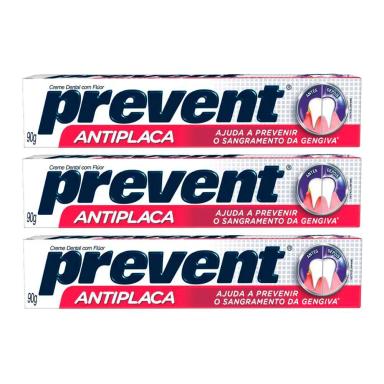 KIT 3 PASTA DE DENTES PREVENT ANTIPLACA  EM CREME 90 G