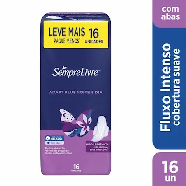 ABSORVENTE EXTERNO SEMPRE LIVRE ADAPT PLUS NOITE E DIA COBERTURA SUAVE COM ABAS C/ 16 UNIDADES