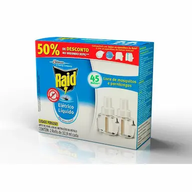 REPELENTE ELéTRICO LíQUIDO RAID 45 NOITES 2 UNIDADES + REFIL 32,9ML