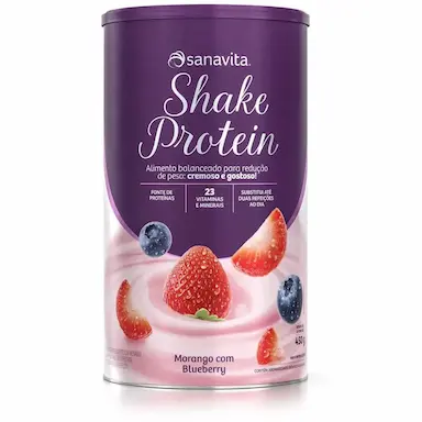 SUPLEMENTO EM Pó SANAVITA SHAKE PROTEIN WHEY 23 VITAMINAS E MINERAIS 450ML SABOR Morango C/ Blueberry