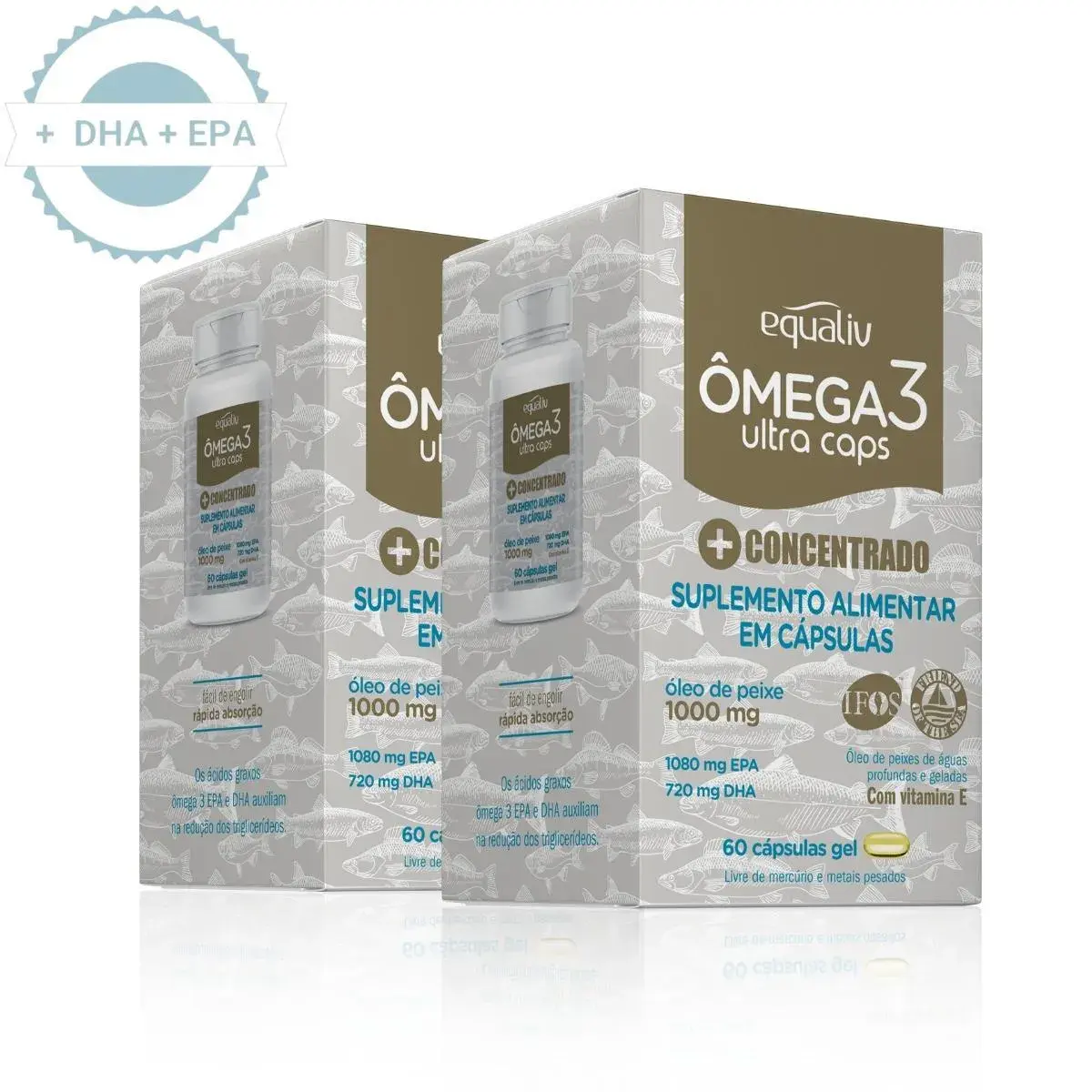 KIT 2 ÔMEGA 3 ULTRA CAPS 1000MG  CONCENTRADO 60 CAPSULAS EQUALIV SEM Sabor