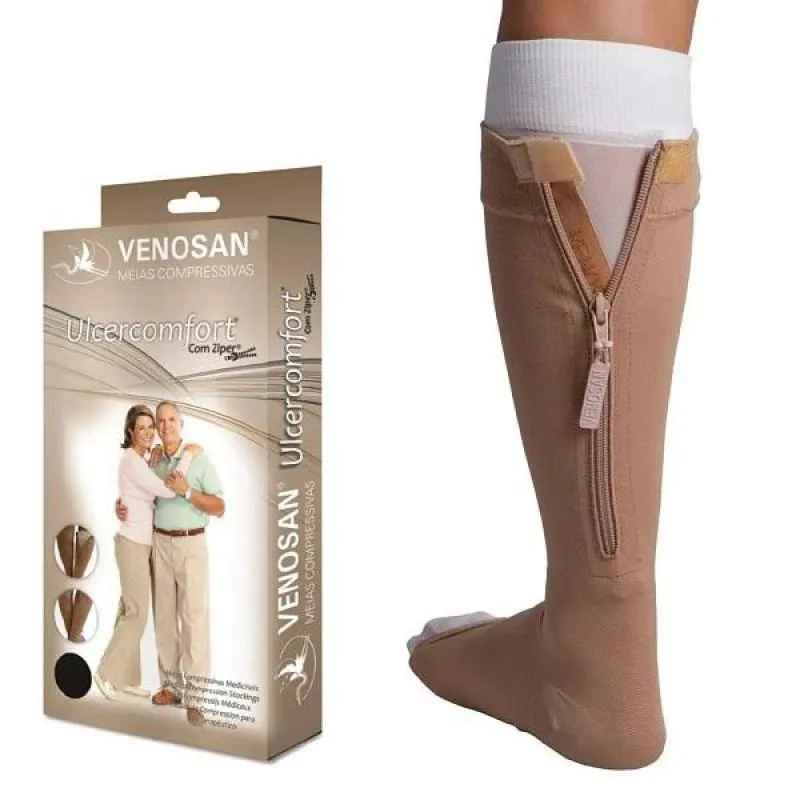 Kit 2 Meias de Compressão Legline Branca + 1 Meia Exterior Bege M para Tratamento de Úlcera Confortline Zíper Ulcerconfort BEGE/BRANCO