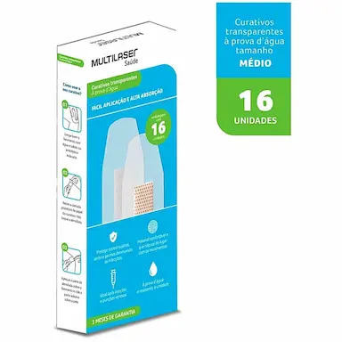 CURATIVO TRANSPARENTE à PROVA D’áGUA HC496 MULTILASER - CAIXA COM 16 UNIDADES CURATIVO à PROVA D´ÁGUA MULTI SAúDE HC496 - 16 UNIDADES