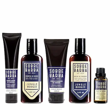 KIT COMPLETO PARA BARBA SOBREBARBA - SHAMPOO + BALM + CONDICIONADOR + ÓLEO + MODELADOR DE BARBA JUNGLE BOOGIE