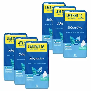 KIT COM 6 ABSORVENTES SEMPRE LIVRE ADAPT PLUS SUAVE COM ABAS 16 UNIDADES