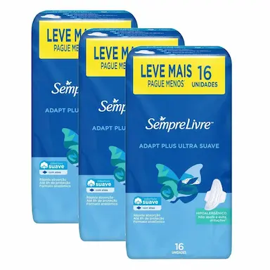 KIT COM 3 ABSORVENTE SEMPRE LIVRE ADAPT PLUS SUAVE COM ABAS 16 UNIDADES