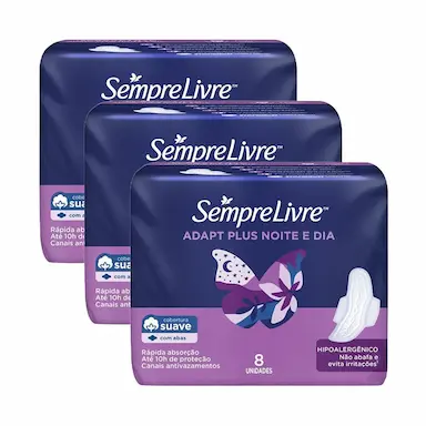 KIT 24 ABSORVENTES EXTERNO SEMPRE LIVRE ADAPT PLUS NOITE E DIA COBERTURA SUAVE COM ABAS
