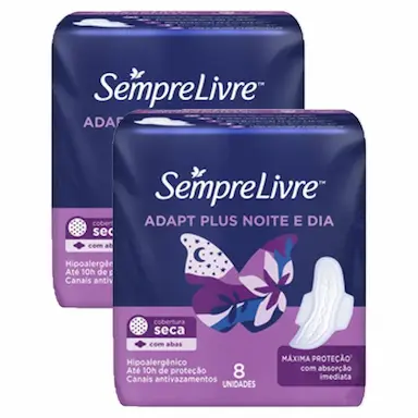 KIT 2 ABSORVENTES SEMPRE LIVRE ADAPT PLUS NOITE E DIA SECA COM ABAS 8 UNIDADES