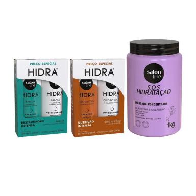 KIT COM 2 SHAMPOOS E 2 CONDICIONADORES DA LINHA HIDRA E MáSCARA SOS HIDRATAçãO BIO-RECONSTRUçãO SALON LINE